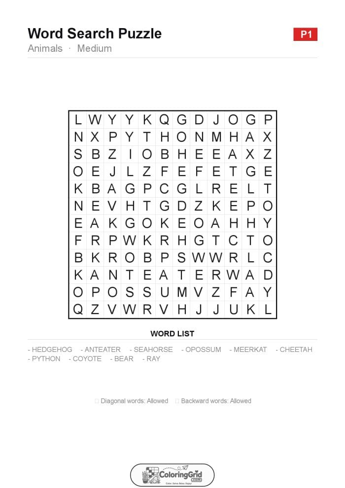 Word Search MEDIUM - Animals Puzzle 001