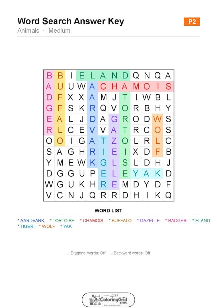 Word Search MEDIUM - Animals Puzzle 002 - ANSWER