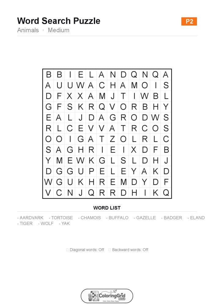 Word Search MEDIUM - Animals Puzzle 002