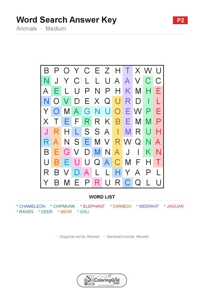 Word Search MEDIUM - Animals Puzzle 002 - ANSWER