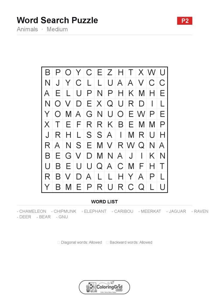 Word Search MEDIUM - Animals Puzzle 002