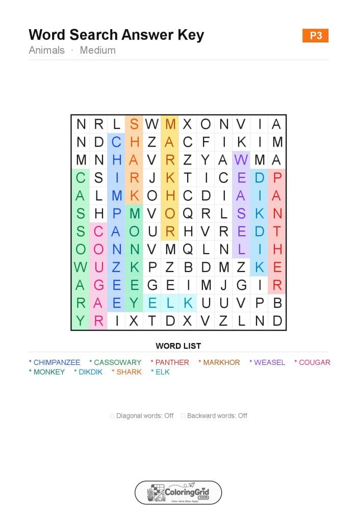 Word Search MEDIUM - Animals Puzzle 003 - ANSWER