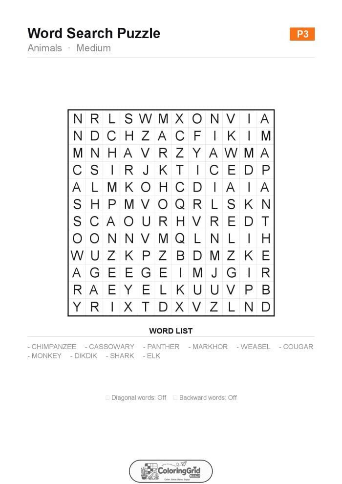 Word Search MEDIUM - Animals Puzzle 003