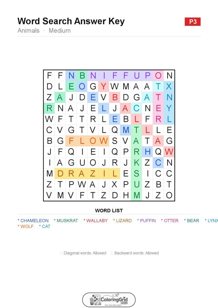 Word Search MEDIUM - Animals Puzzle 003 - ANSWER