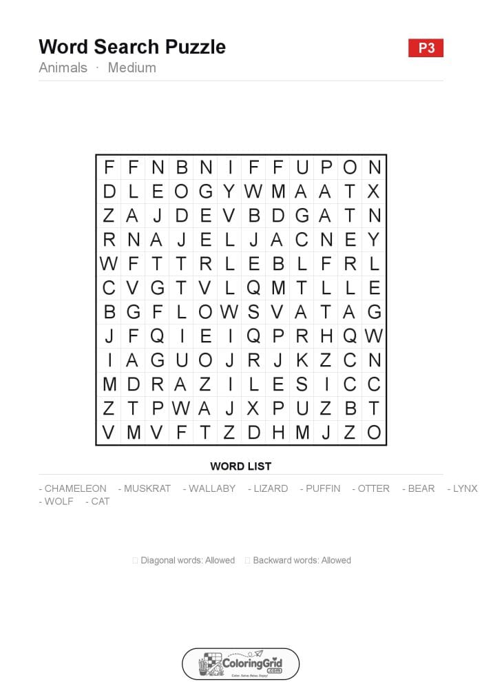 Word Search MEDIUM - Animals Puzzle 003