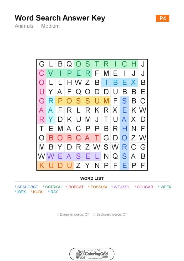 Word Search MEDIUM - Animals Puzzle 004 - ANSWER