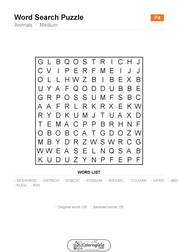 Word Search MEDIUM - Animals Puzzle 004