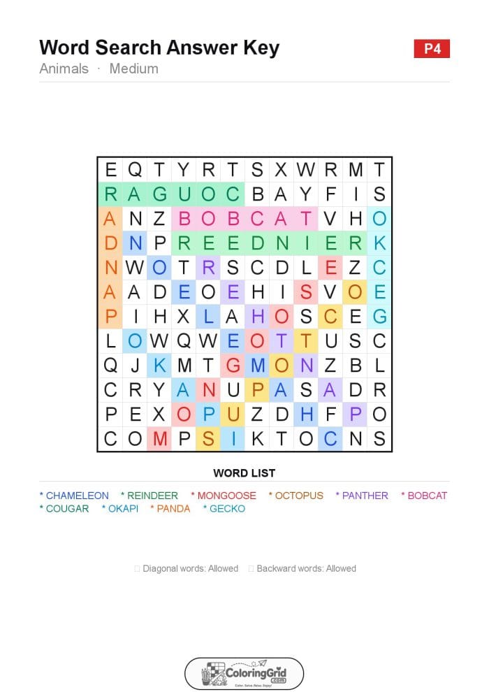 Word Search MEDIUM - Animals Puzzle 004 - ANSWER