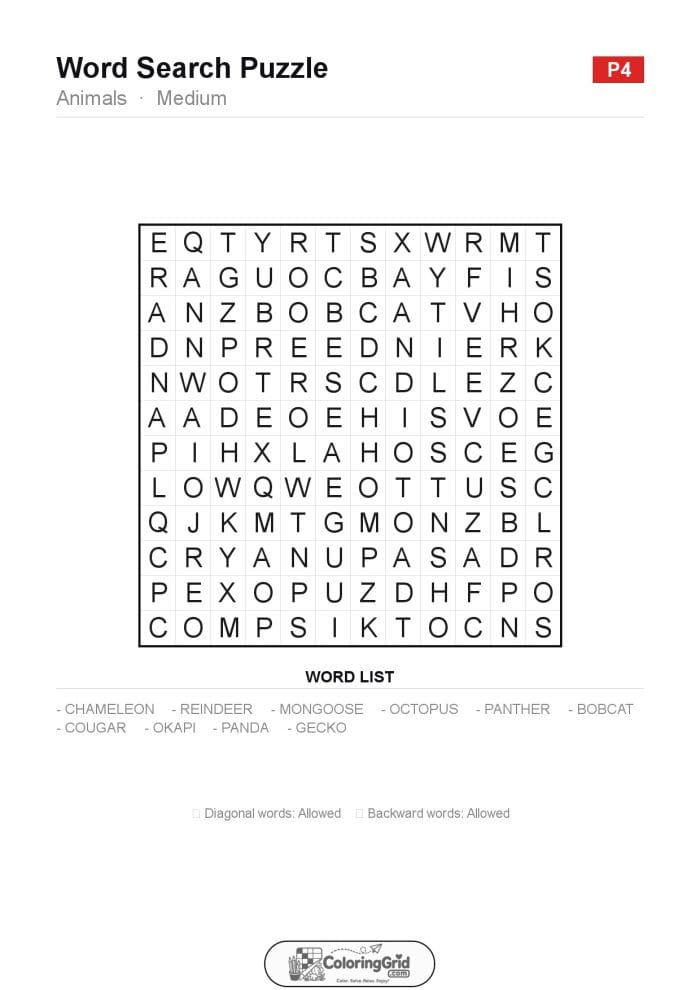 Word Search MEDIUM - Animals Puzzle 004