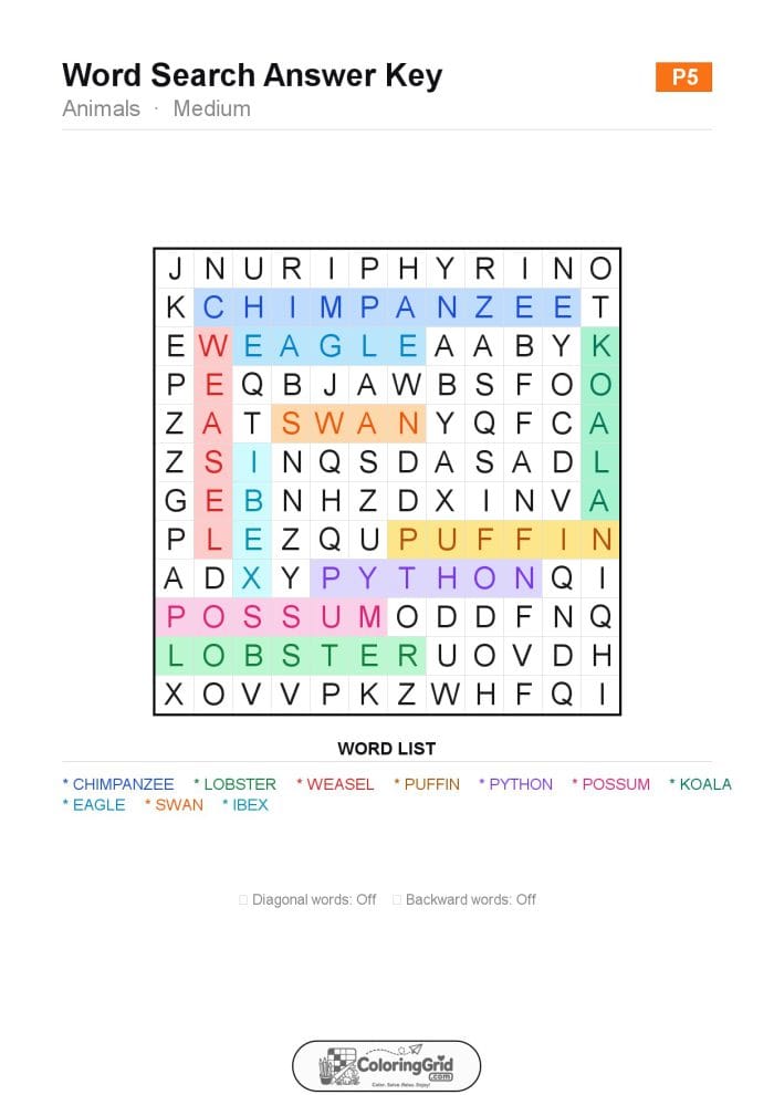 Word Search MEDIUM - Animals Puzzle 005 - ANSWER
