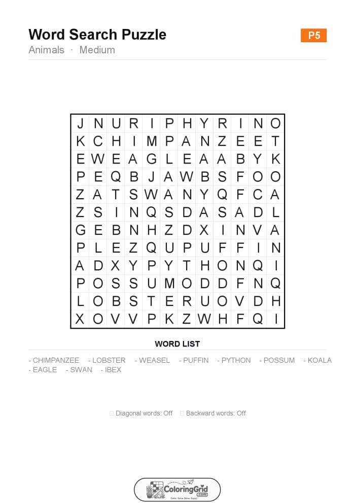 Word Search MEDIUM - Animals Puzzle 005