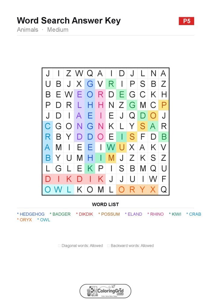 Word Search MEDIUM - Animals Puzzle 005 - ANSWER