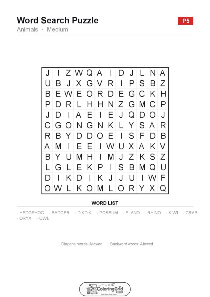 Word Search MEDIUM - Animals Puzzle 005