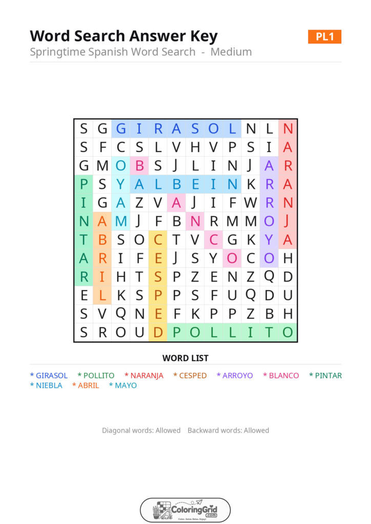Word Search MEDIUM - Springtime Spanish Word Search Puzzle 001 - ANSWER