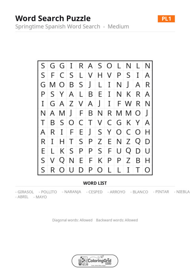 Word Search MEDIUM - Springtime Spanish Word Search Puzzle 001