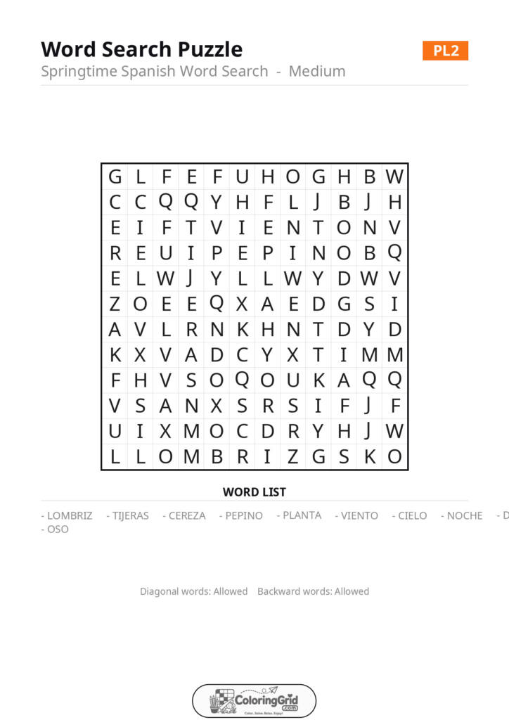 Word Search MEDIUM - Springtime Spanish Word Search Puzzle 002