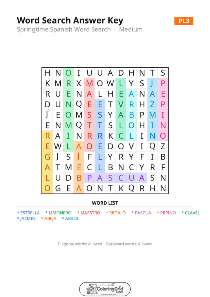 Word Search MEDIUM - Springtime Spanish Word Search Puzzle 003 - ANSWER