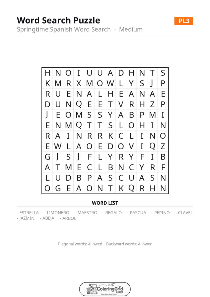 Word Search MEDIUM - Springtime Spanish Word Search Puzzle 003