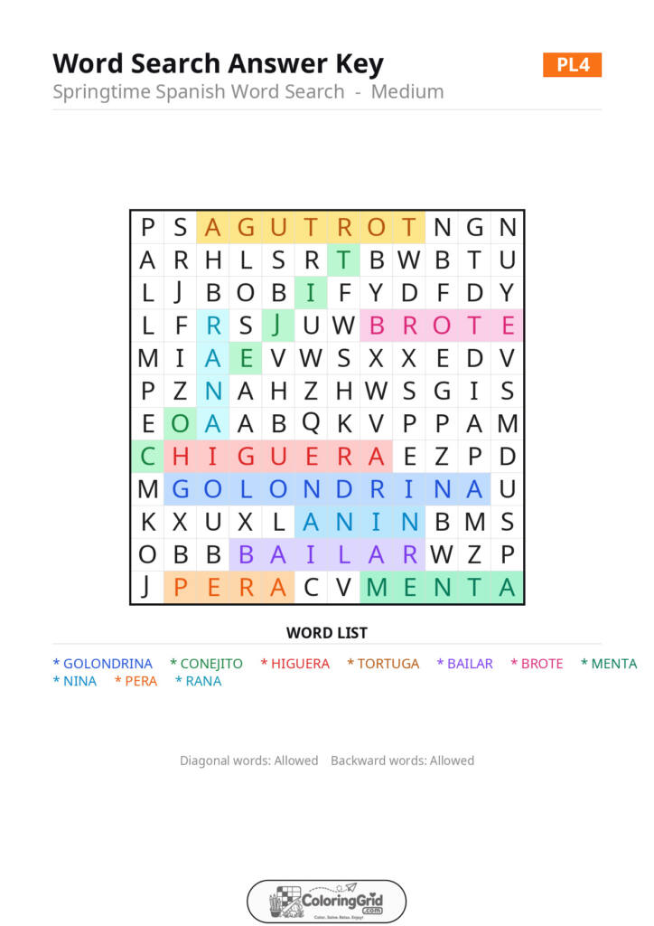 Word Search MEDIUM - Springtime Spanish Word Search Puzzle 004 - ANSWER
