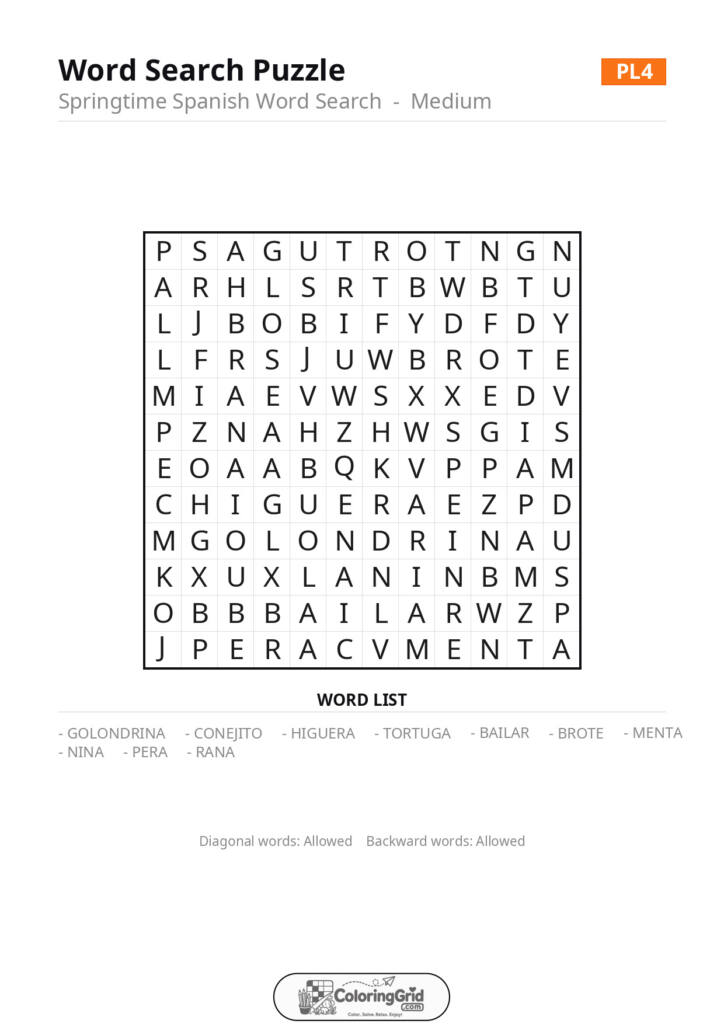 Word Search MEDIUM - Springtime Spanish Word Search Puzzle 004