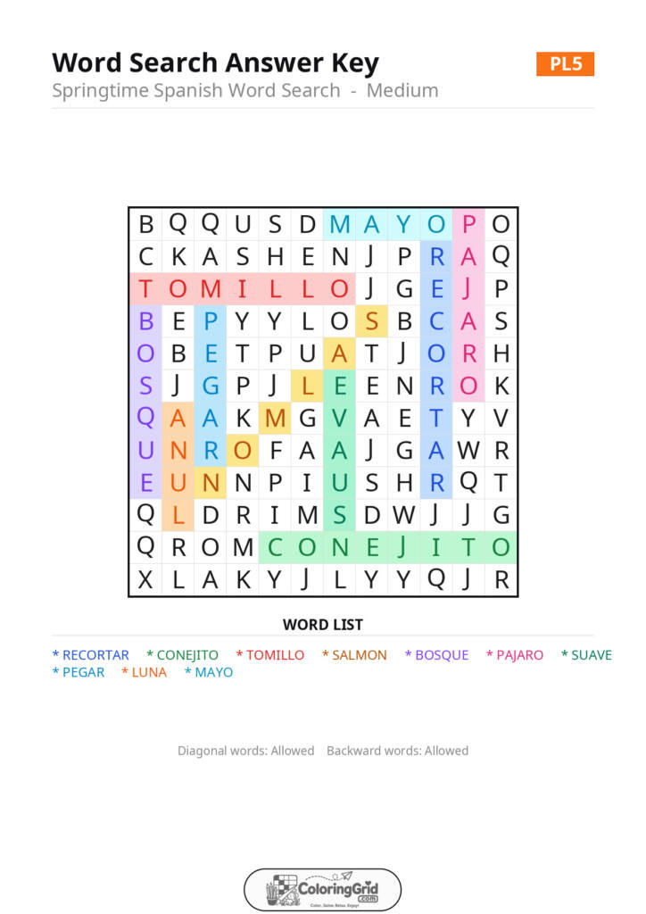 Word Search MEDIUM - Springtime Spanish Word Search Puzzle 005 - ANSWER