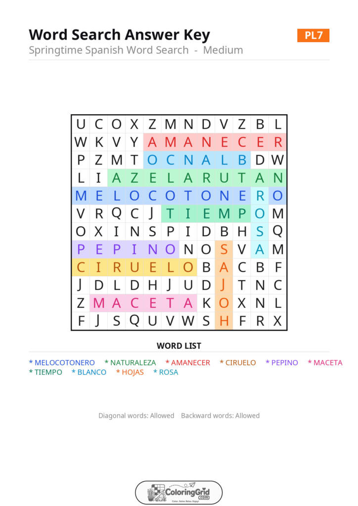 Word Search MEDIUM - Springtime Spanish Word Search Puzzle 007 - ANSWER