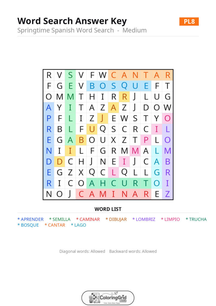 Word Search MEDIUM - Springtime Spanish Word Search Puzzle 008 - ANSWER