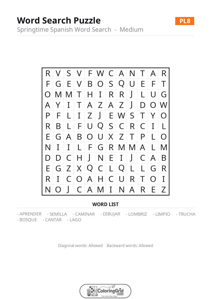 Word Search MEDIUM - Springtime Spanish Word Search Puzzle 008