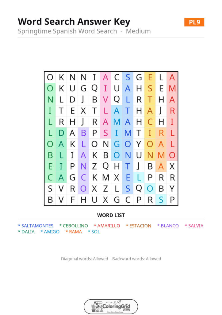 Word Search MEDIUM - Springtime Spanish Word Search Puzzle 009 - ANSWER