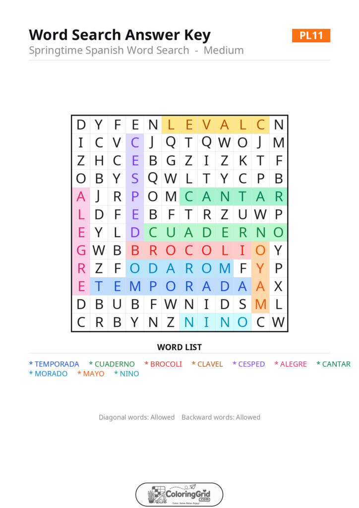 Word Search MEDIUM - Springtime Spanish Word Search Puzzle 011 - ANSWER