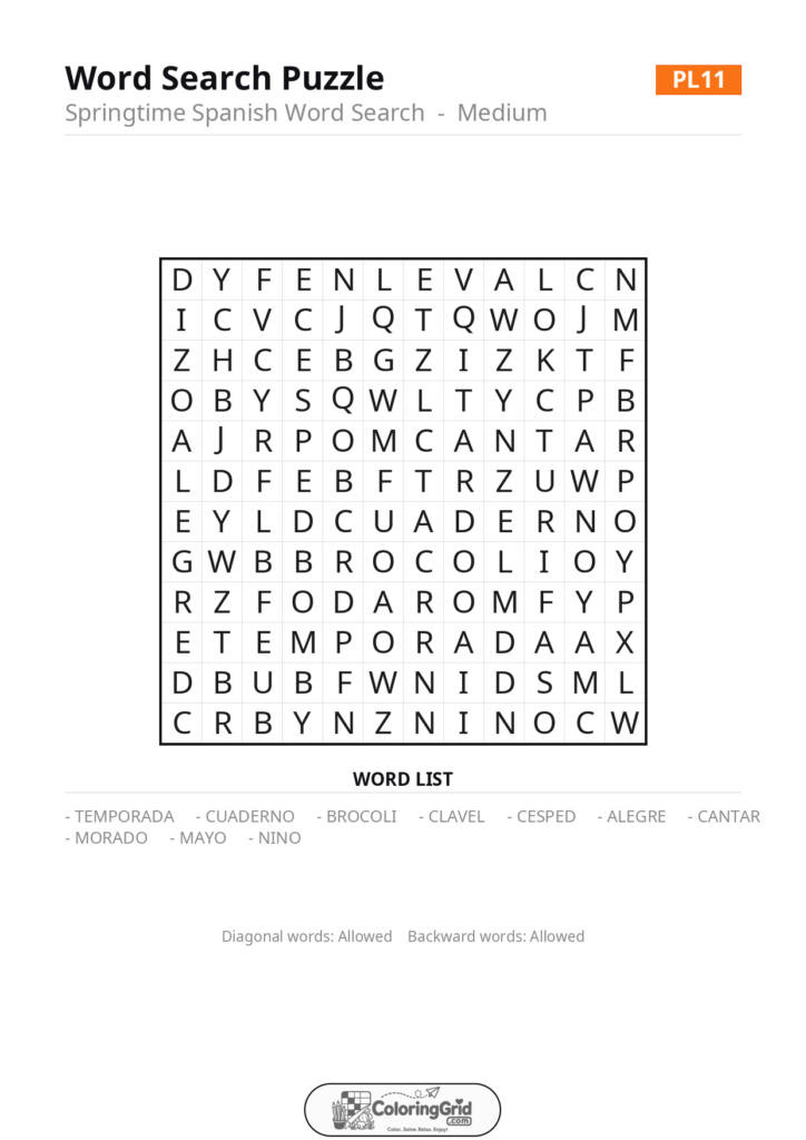 Word Search MEDIUM - Springtime Spanish Word Search Puzzle 011