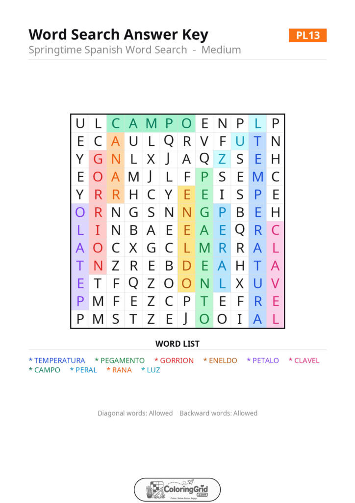 Word Search MEDIUM - Springtime Spanish Word Search Puzzle 013 - ANSWER
