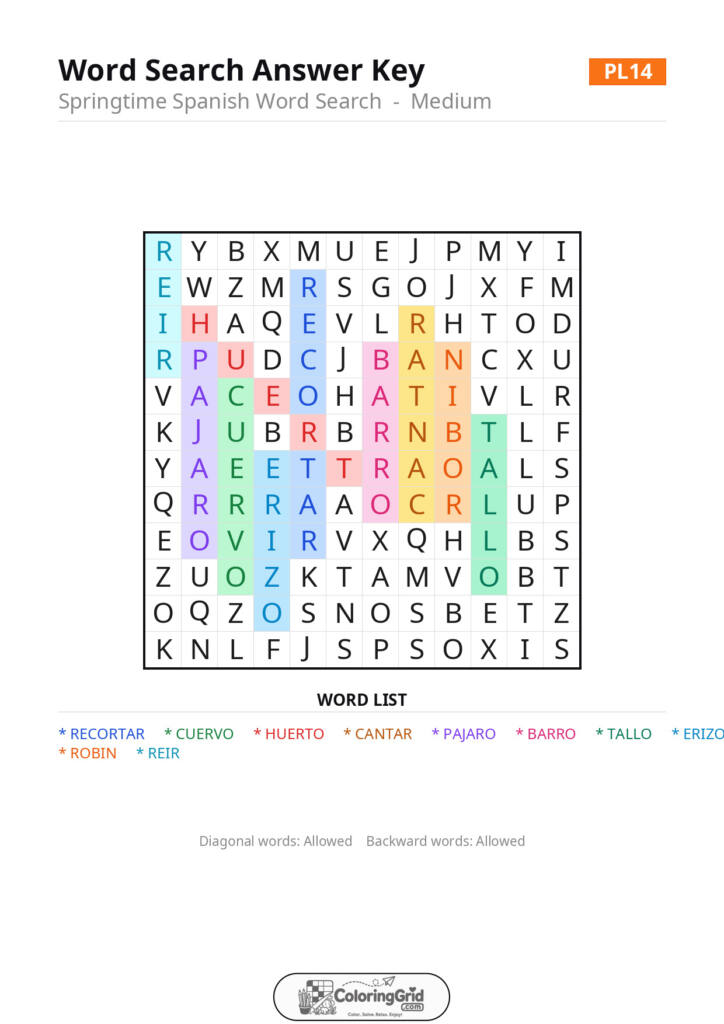 Word Search MEDIUM - Springtime Spanish Word Search Puzzle 014 - ANSWER