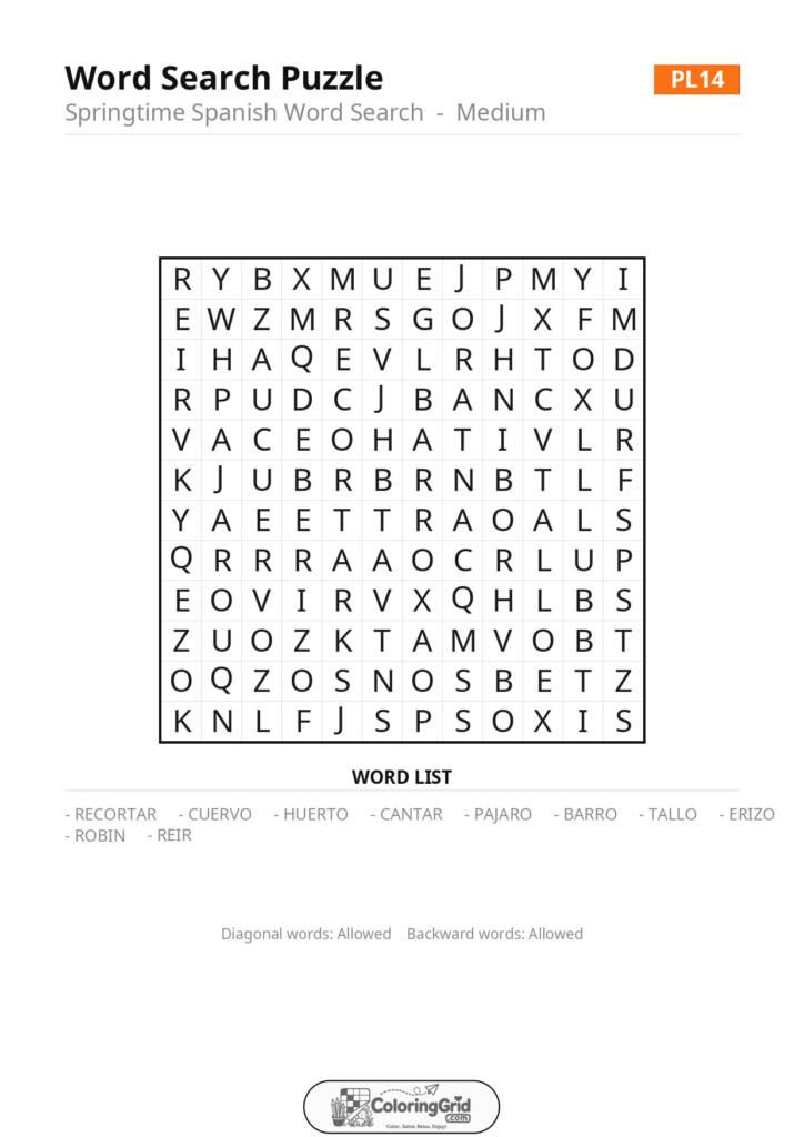 Word Search MEDIUM - Springtime Spanish Word Search Puzzle 014