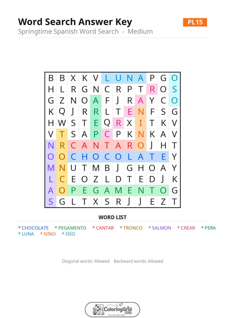 Word Search MEDIUM - Springtime Spanish Word Search Puzzle 015 - ANSWER