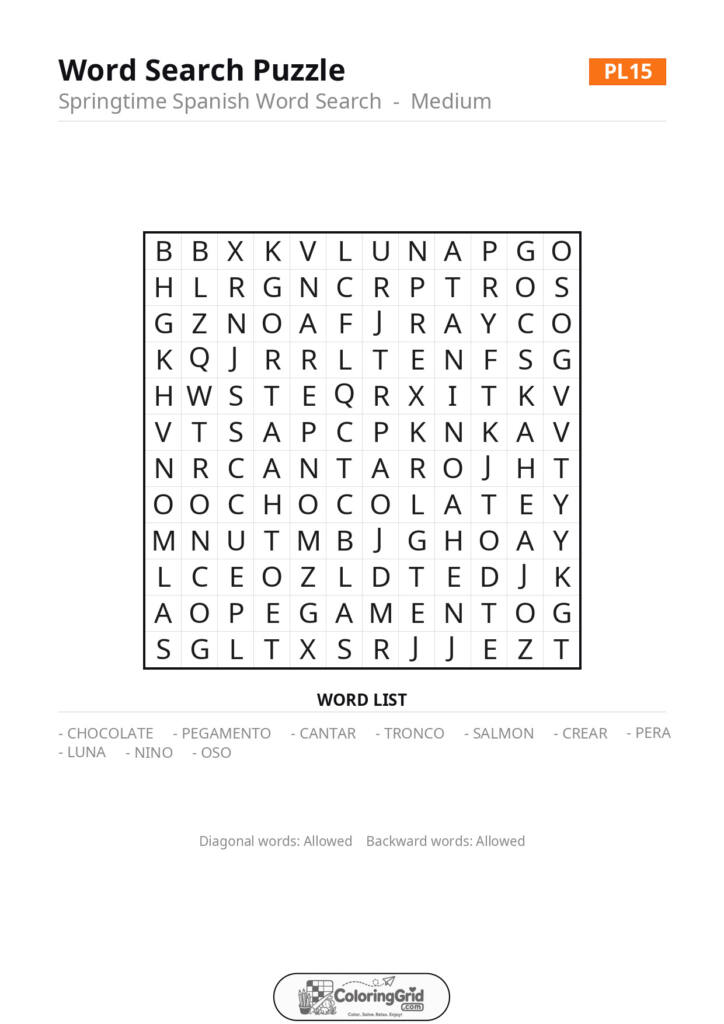 Word Search MEDIUM - Springtime Spanish Word Search Puzzle 015