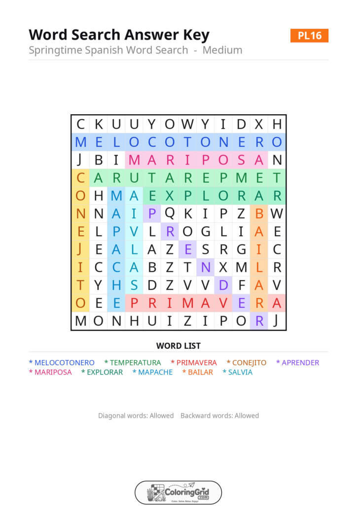 Word Search MEDIUM - Springtime Spanish Word Search Puzzle 016 - ANSWER