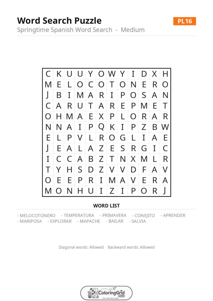 Word Search MEDIUM - Springtime Spanish Word Search Puzzle 016