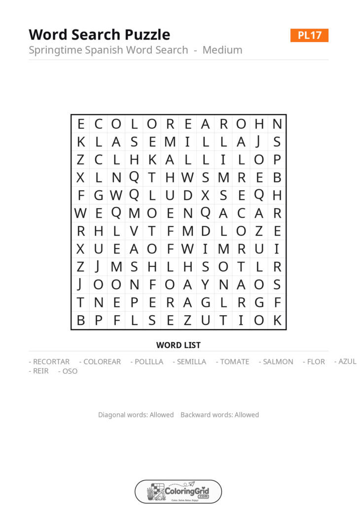 Word Search MEDIUM - Springtime Spanish Word Search Puzzle 017
