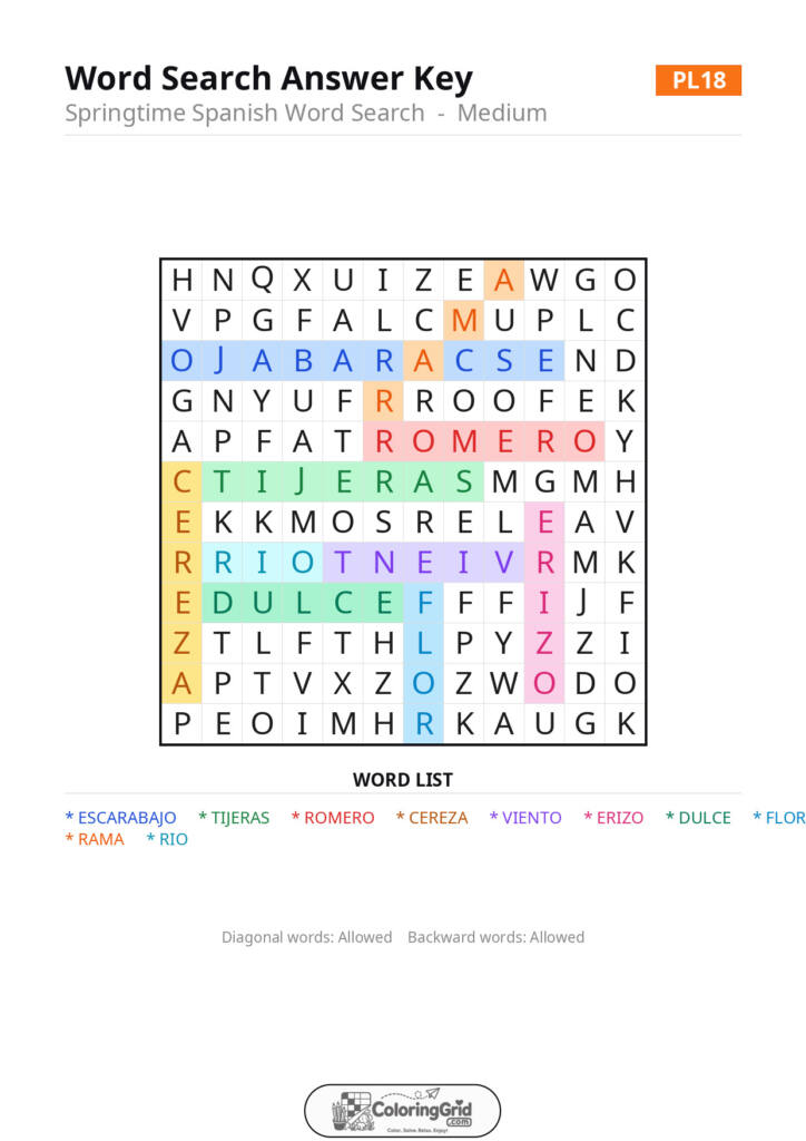 Word Search MEDIUM - Springtime Spanish Word Search Puzzle 018 - ANSWER