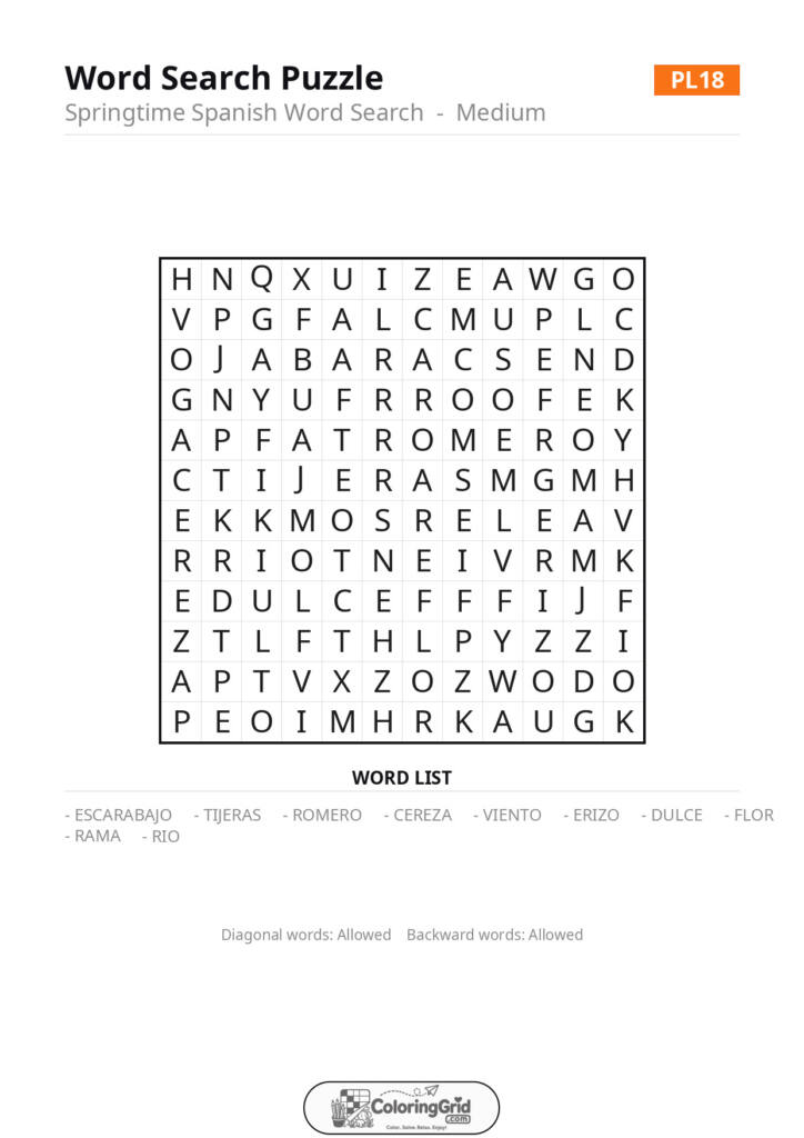 Word Search MEDIUM - Springtime Spanish Word Search Puzzle 018