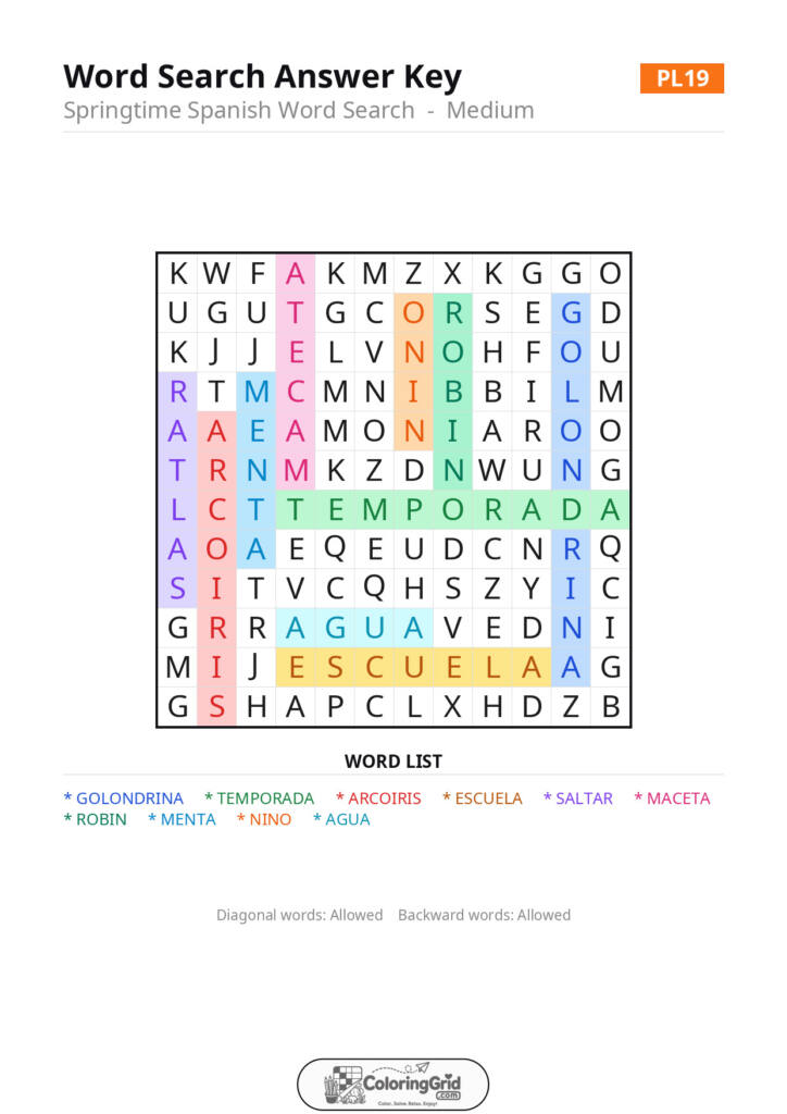 Word Search MEDIUM - Springtime Spanish Word Search Puzzle 019 - ANSWER