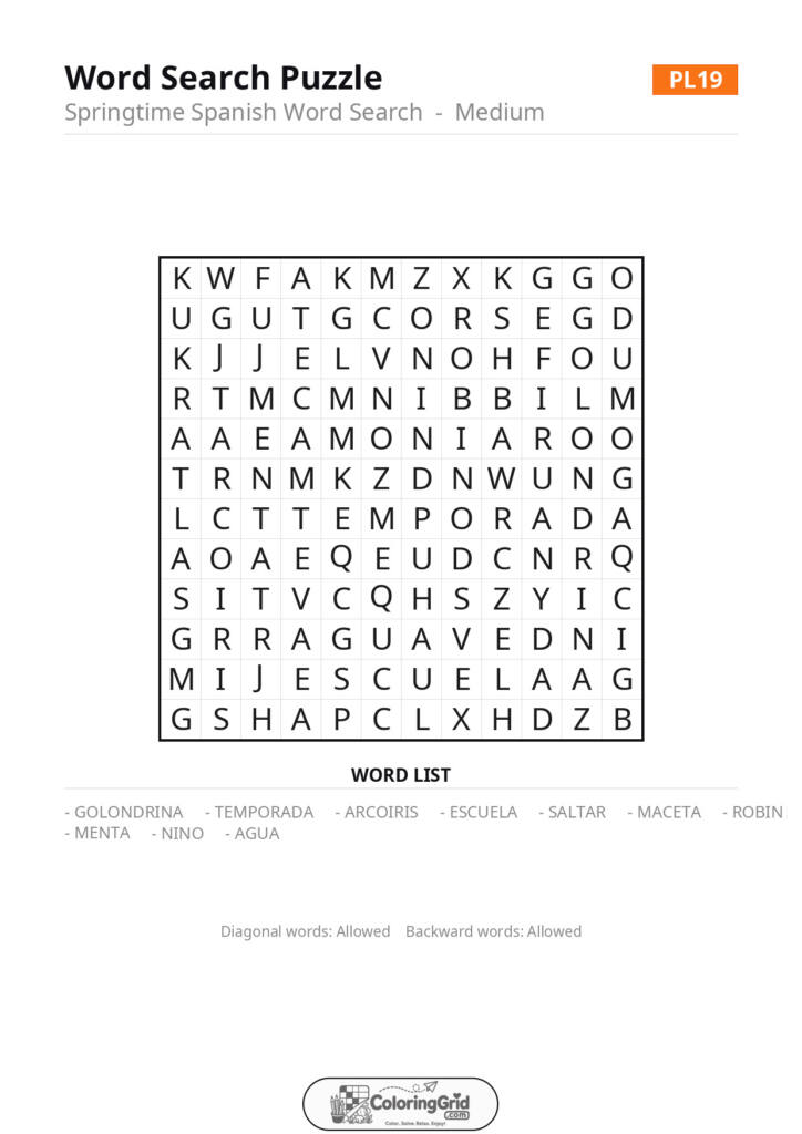 Word Search MEDIUM - Springtime Spanish Word Search Puzzle 019
