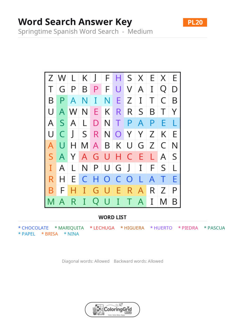 Word Search MEDIUM - Springtime Spanish Word Search Puzzle 020 - ANSWER