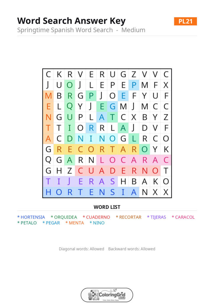 Word Search MEDIUM - Springtime Spanish Word Search Puzzle 021 - ANSWER