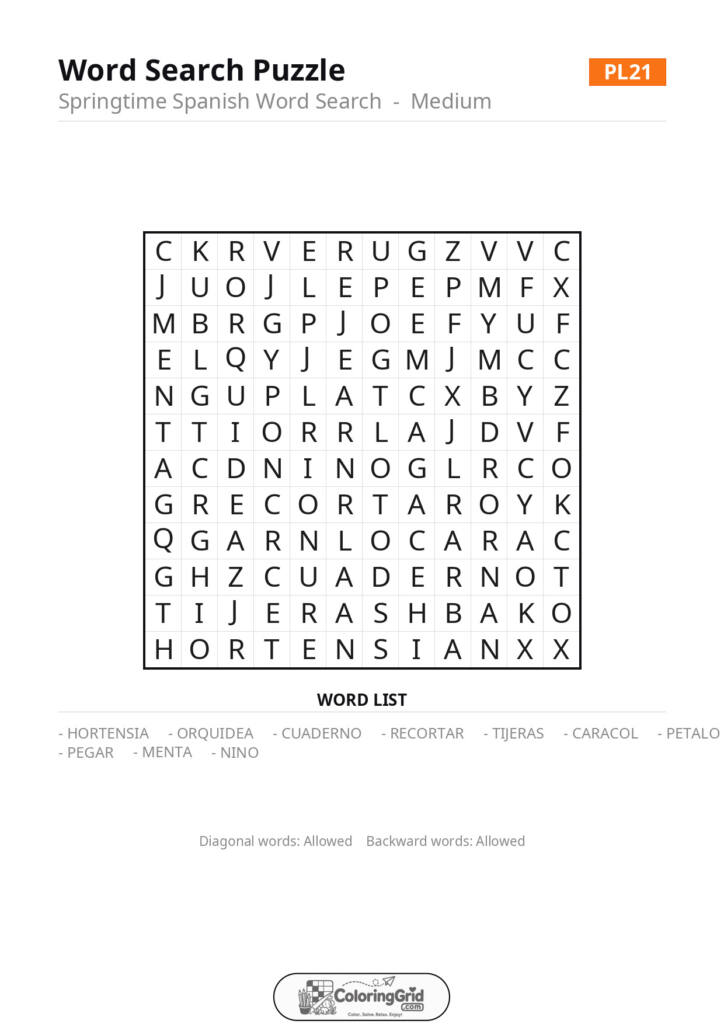 Word Search MEDIUM - Springtime Spanish Word Search Puzzle 021
