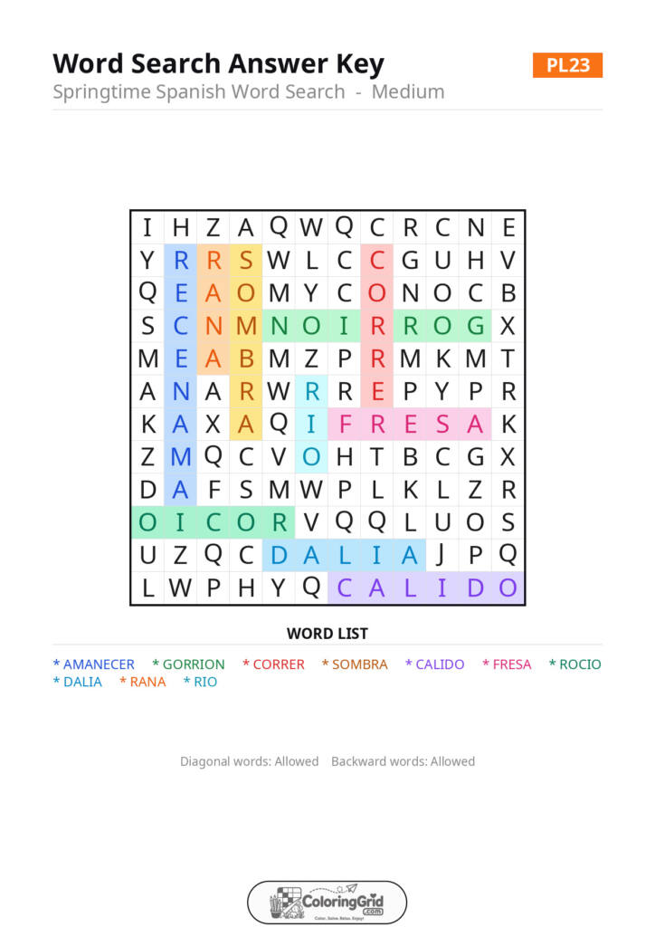 Word Search MEDIUM - Springtime Spanish Word Search Puzzle 023 - ANSWER
