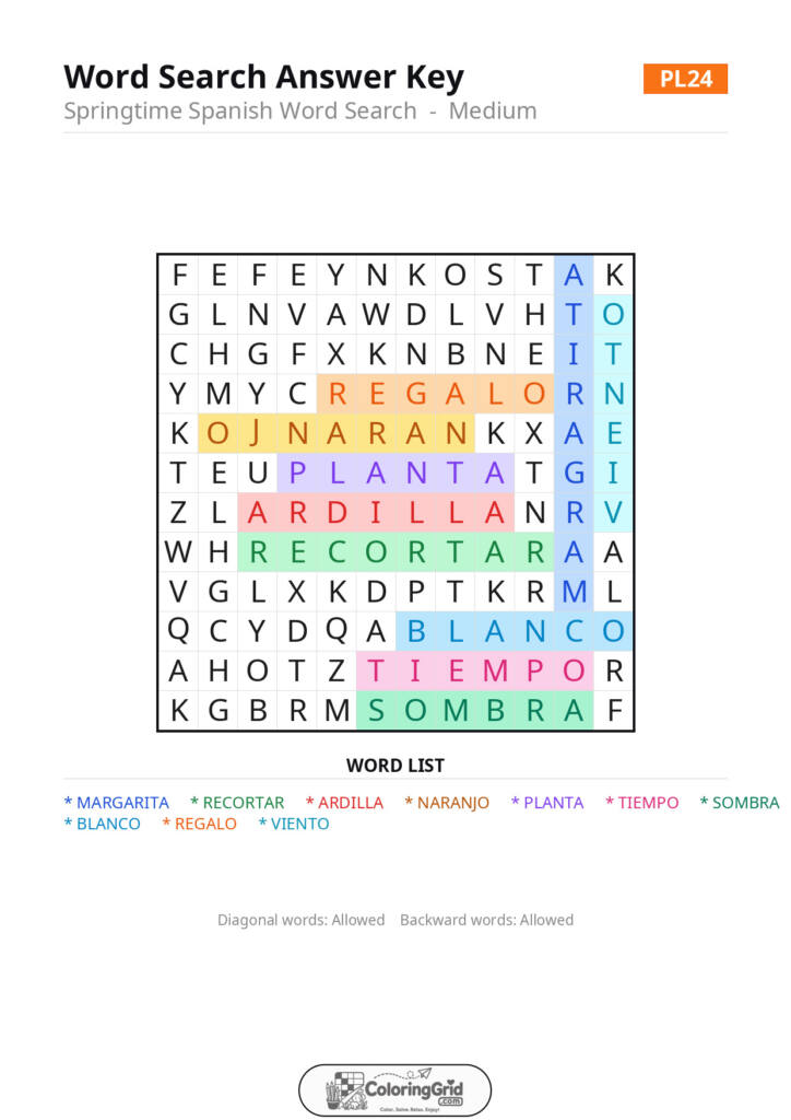 Word Search MEDIUM - Springtime Spanish Word Search Puzzle 024 - ANSWER