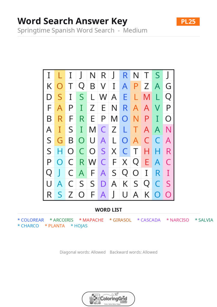 Word Search MEDIUM - Springtime Spanish Word Search Puzzle 025 - ANSWER